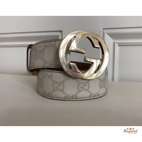 Authentic Gucci Cream Guccissima Leather Gold Interlocking G Buckle Belt 85/34 - Picture 12 of 13